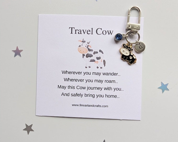 Travel Gift, travel gift idea for a friend, Travel cow, personalised, good luck charm, Safe travels, cow bag charm,