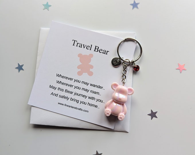 Light pink Travel bear keychain, teddy bear bag charm, personalised, birthday gift idea for a friend, bear keyring, good luck charm,