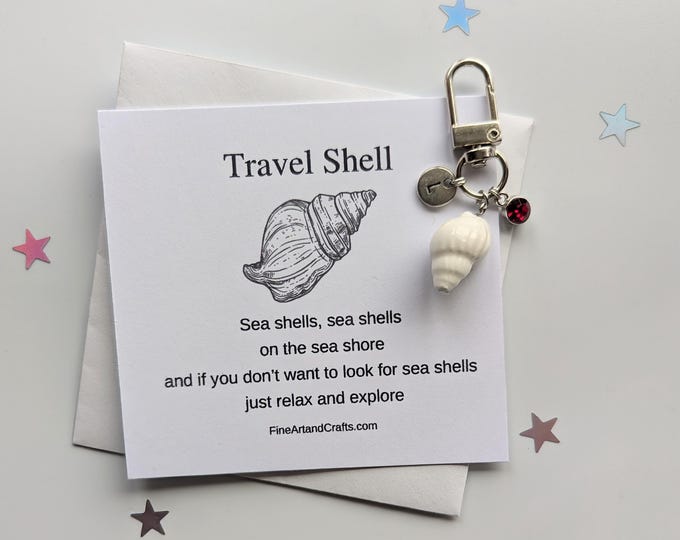 Travel gift, white shell keychain, personalised bag charm, birthday gift idea for a friend, lucky charm, porcelain shell, travel shell