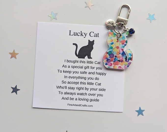 Lucky cat keychain, birthday gift idea, cat keyring, good luck charm, personalised, cat bag charm, friendship gift, multicoloured