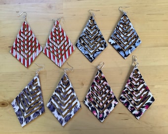 Fabric covered wooden earrings, light weight dangle earrings, wood earrings, summer earrings, fabulous colours, diamond earrings
