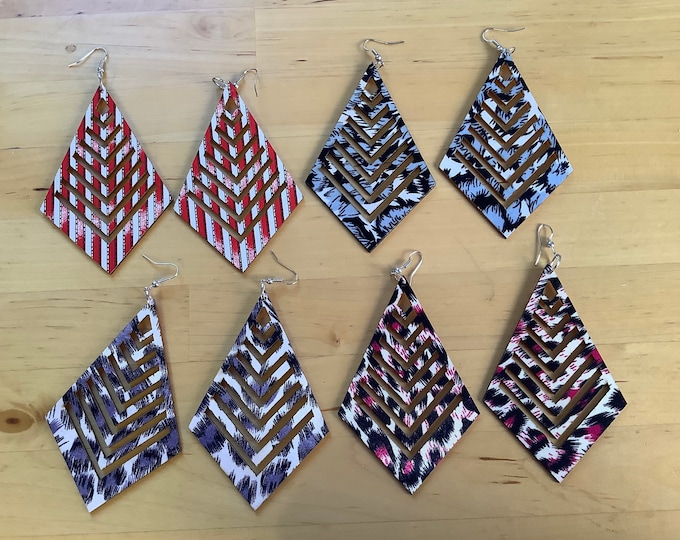 Fabric covered wooden earrings, light weight dangle earrings, wood earrings, summer earrings, fabulous colours, diamond earrings