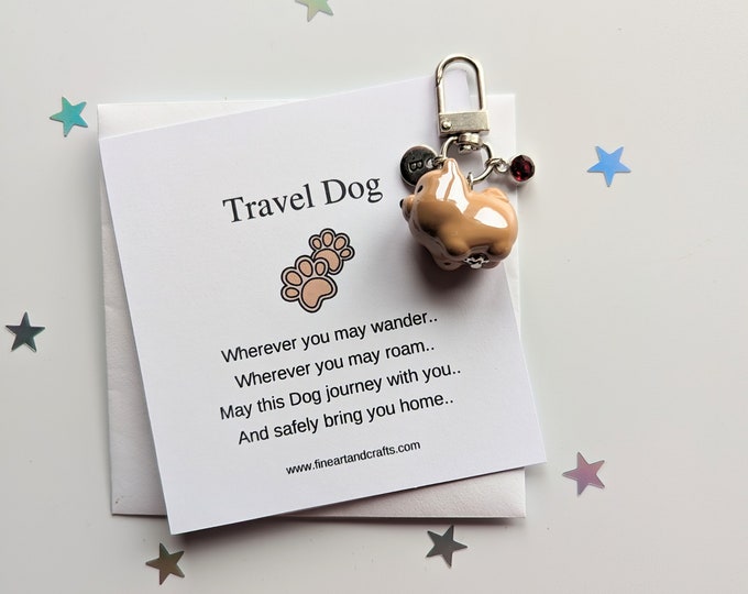 Travel gift, handmade personalised bag charm, porcelain, dog, lucky charm, keychain,  birthday gift idea for a friend,