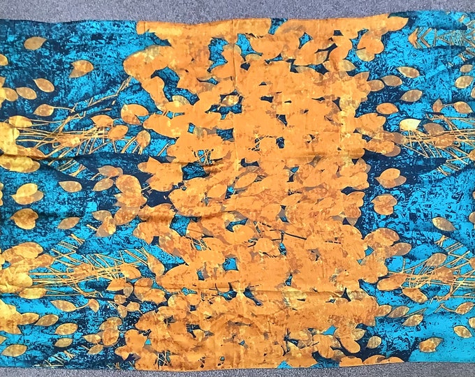 Scarf, yellow and teal artistic print, polyester silk feel scarf, abstract flower design, colourful, long wrap scarf, large shawl