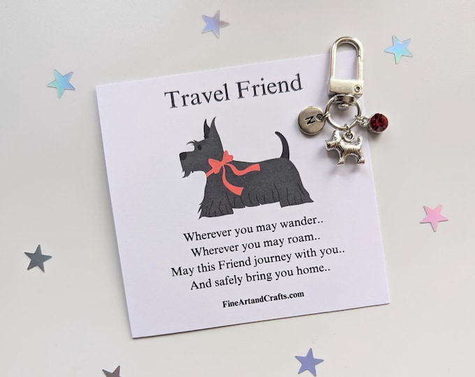 Travel Friend keychain, scottie dog keyring, personalised gift, travel dog bag charm, birthday gift idea for a friend, good luck charm