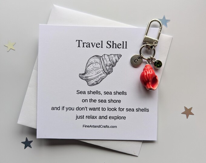 Travel gift, shell keychain, handmade personalised bag charm, birthday gift idea for a friend ,lucky charm, porcelain shell, travel shell