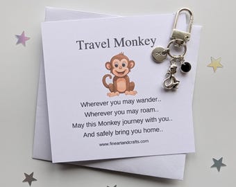 Travel gift, Travel monkey keychain, birthday gift idea, friend keyring, good luck charm, personalised, monkey bag charm, friendship gift