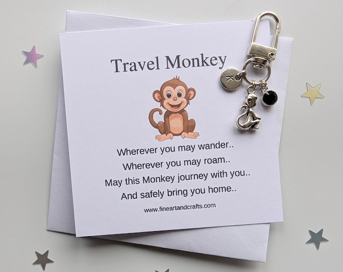 Travel gift, Travel monkey keychain, birthday gift idea, friend keyring, good luck charm, personalised, monkey bag charm, friendship gift
