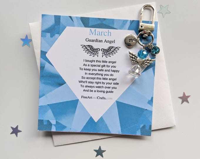 Swarovski March birthday gift Friend gift, guardian angel gift, protection angel, bag charm, key ring, birthday gift idea, Aquamarine gift