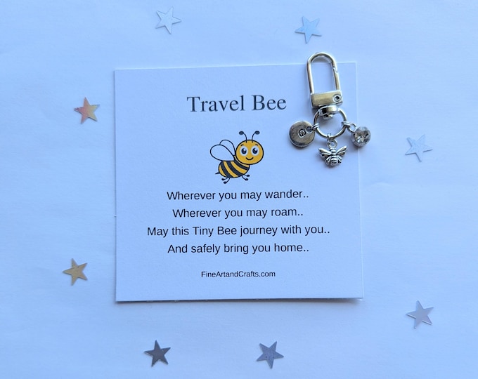 Travel bee keychain, birthday gift idea for a friend, bee keyring, good luck charm, personalised, bee bag charm, Travel gift