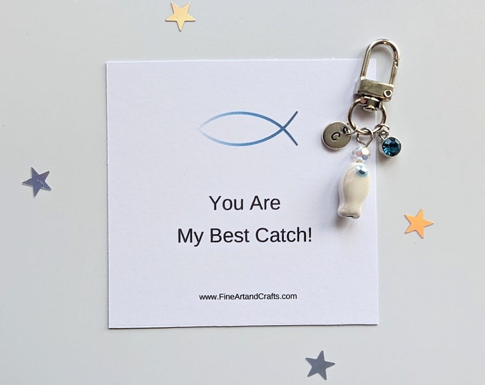 Porcelain fish keychain, Crystal keyring, fish bag charm, birthday gift, Fishing gift, boyfriend, girlfriend gift, You Are My Best Catch