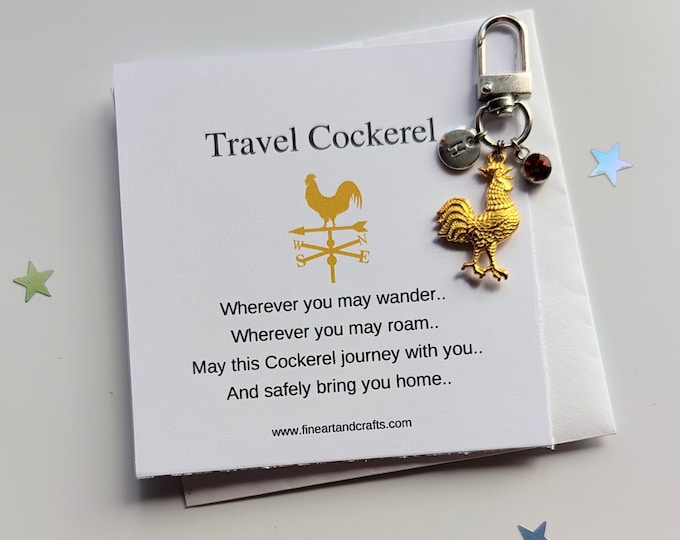 Travel cockerel, rooster keychain, handmade personalised bag charm, birthday gift idea for a friend ,lucky charm, 14ct gold