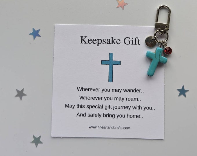 Cross keychain, Turquoise cross keyring, personalised gift, friendship gift, bag charm, birthday gift idea for a friend, keepsake gift