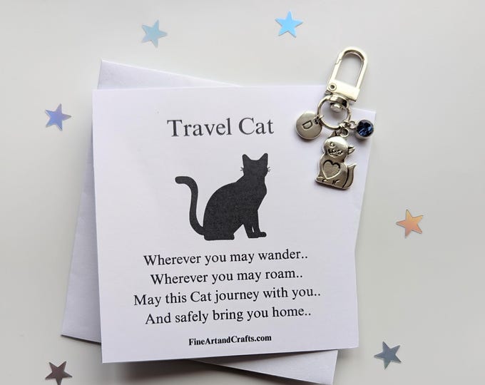 Travel cat, cat keychain, travel gift, personalised, cat bag charm, birthday gift idea for a friend, good luck charm, gift for a cat lover