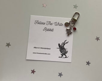 Rabbit keychain, Alice in wonderland theme, personalised gift, Follow the white rabbit, gift idea present for a friend, Easter gift