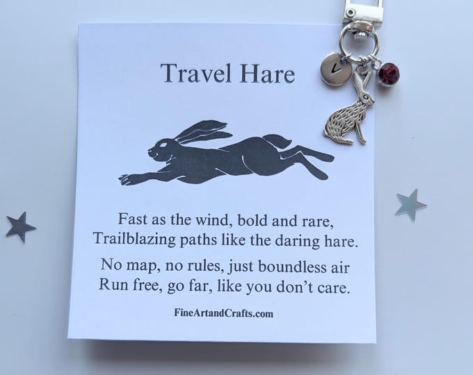 Travel Hare, Hare keychain, lucky gift, personalised bag charm, birthday gift idea for a friend, Travel gift, hare lover, carefree