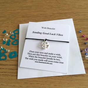 Wish bracelet, good luck, four leaf clover charm, bracelet gift, positive vibes