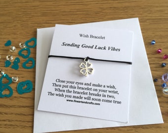 Wish bracelet, good luck, four leaf clover charm, bracelet gift, positive vibes
