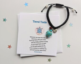 Adjustable travel turtle bracelet, Gift for a friend, black macrame corded bracelet, Birthday gift, Travel gift, personalised bracelet,