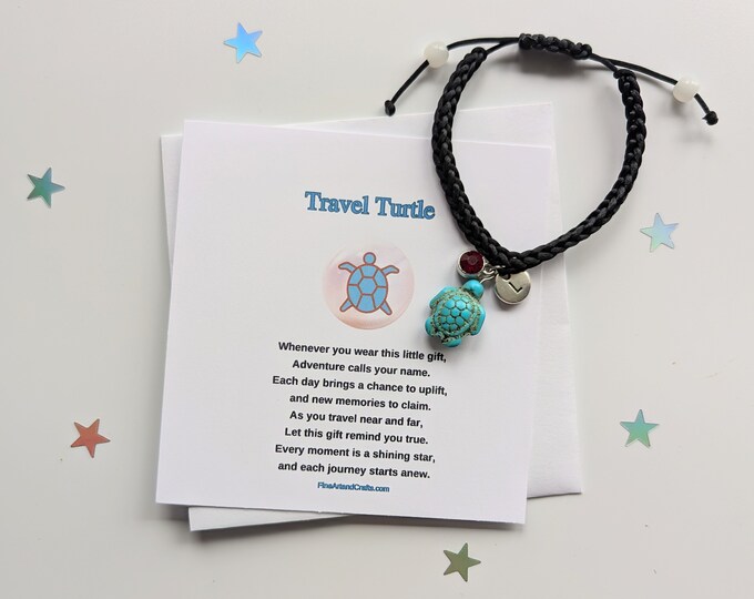 Adjustable travel turtle bracelet, Gift for a friend, black macrame corded bracelet, Birthday gift, Travel gift, personalised bracelet,