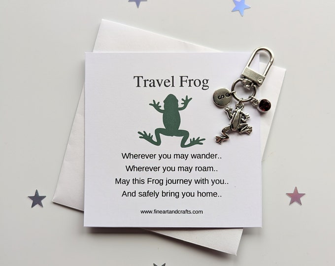 Travel Frog, Frog keychain, frog keyring, personalised, frog bag charm, birthday gift idea for a friend, good luck charm, travel gift