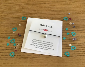 Wish Bracelet, Make a Wish, Cord bracelet, Heart bracelet, Gift idea, Heart charm