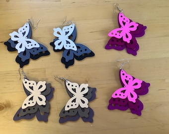 Hand painted wooden earrings, light weight dangle earrings, wood earrings, summer earrings, fabulous colours, butterfly earrings