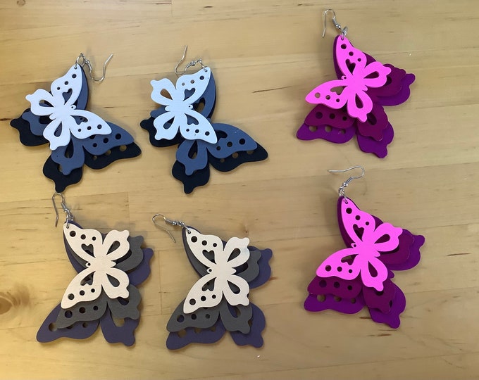 Hand painted wooden earrings, light weight dangle earrings, wood earrings, summer earrings, fabulous colours, butterfly earrings