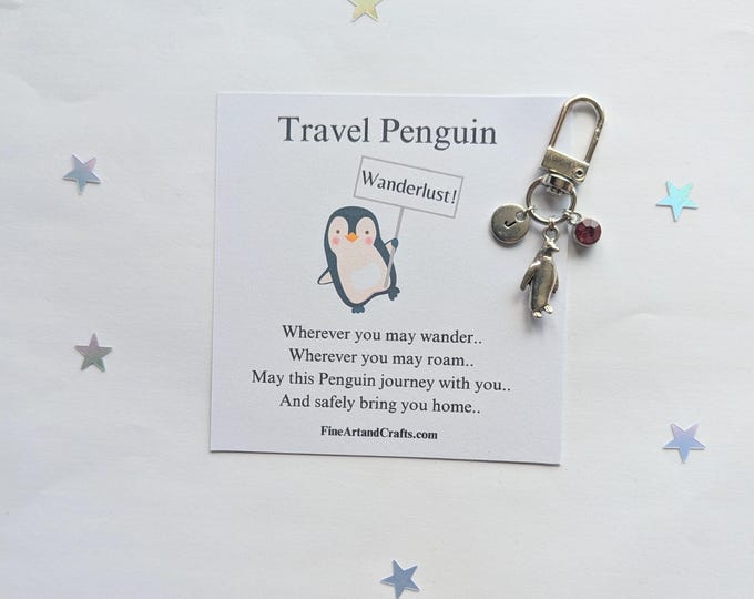 Travel penguin, silver plated penguin keychain, travel gift, personalised, penguin bag charm, birthday gift idea for a friend, good luck