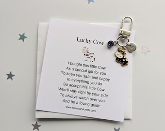 Lucky cow keychain, birthday gift idea, cow keyring, good luck charm, personalised, cow bag charm, friendship gift