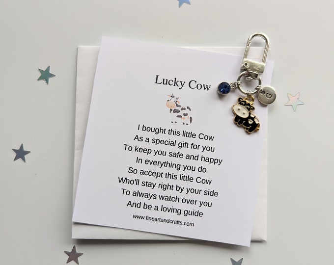 Lucky cow keychain, birthday gift idea, cow keyring, good luck charm, personalised, cow bag charm, friendship gift