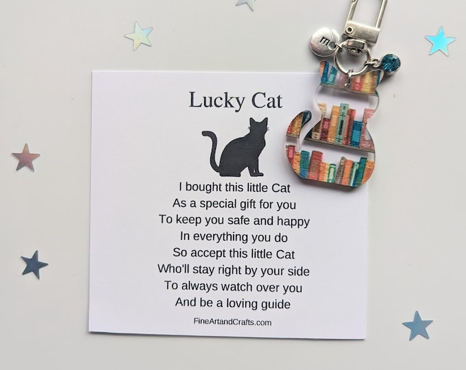 Lucky cat keychain, birthday gift idea, cat keyring, good luck charm, personalised, cat bag charm, friendship gift, book design gift