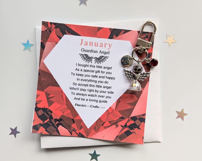Swarovski January birthday gift, guardian angel gift, protection angel, bag charm, crystal key ring, birthday gift idea, Garnet gift