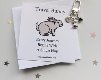 Travel Bunny, Rabbit keychain, bunny keyring, personalised, rabbit bag charm, birthday gift idea for a friend, good luck charm, safe travels