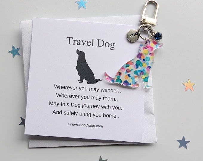 Travel dog, dog keychain, travel gift, personalised, dog bag charm, birthday gift idea for a friend, good luck charm, dog lover, multicolour