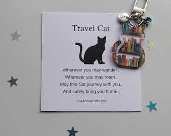 Travel cat, cat keychain, travel gift, personalised, cat bag charm, birthday gift idea for a friend, good luck charm, cat lover, book design