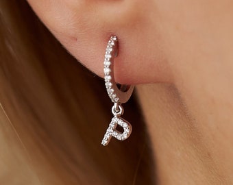 Initial Hoop Earrings in 14K Solid Gold / Diamond Initial Huggies Personalized Initial Earring Charms / Small Diamond Hoops