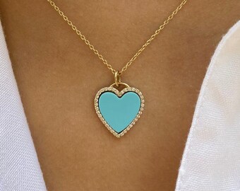 Heart Necklace - 14K Turquoise Diamond Necklace - 14K Solid Gold Diamond and Turquoise Heart Necklace - Birthday Gift - Anniversary Gift