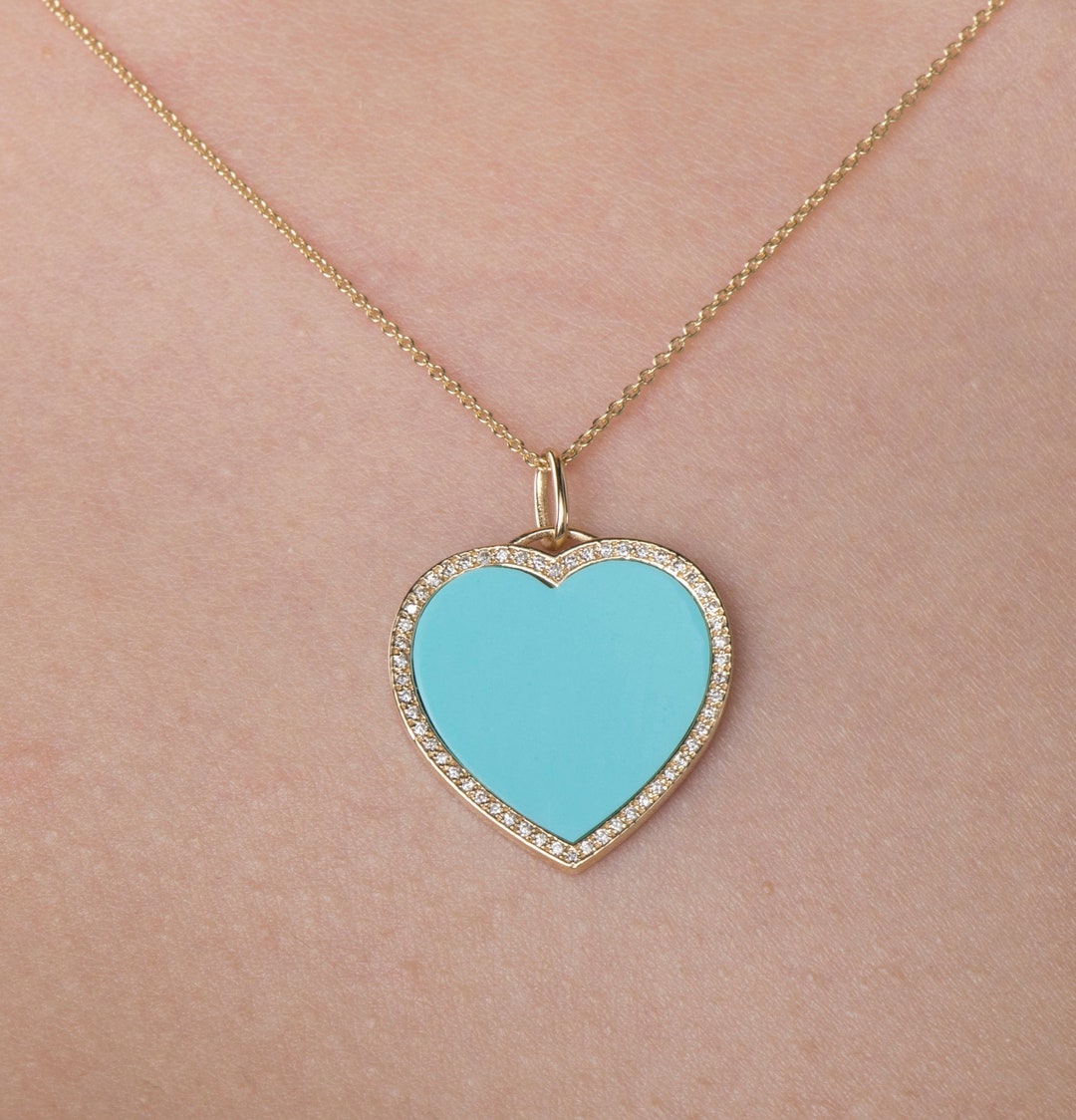Turquoise Diamond Heart Necklace Heart Necklace 14K Solid Etsy