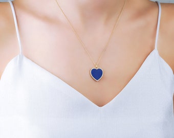 Diamond and Lapis Lazuli Heart Necklace / 14K Diamond and Lapis Lazuli  Heart Necklace | Modern Design | Yellow Gold Valentines Day