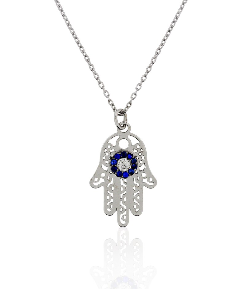 14K Gold Hamsa Necklace 14K White Gold Diamond and Blue Etsy
