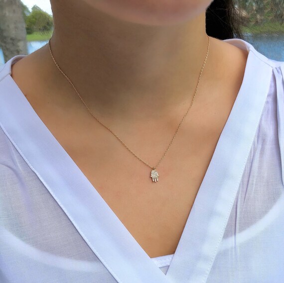 Tiny Diamond Hamsa Necklace 14K Solid 