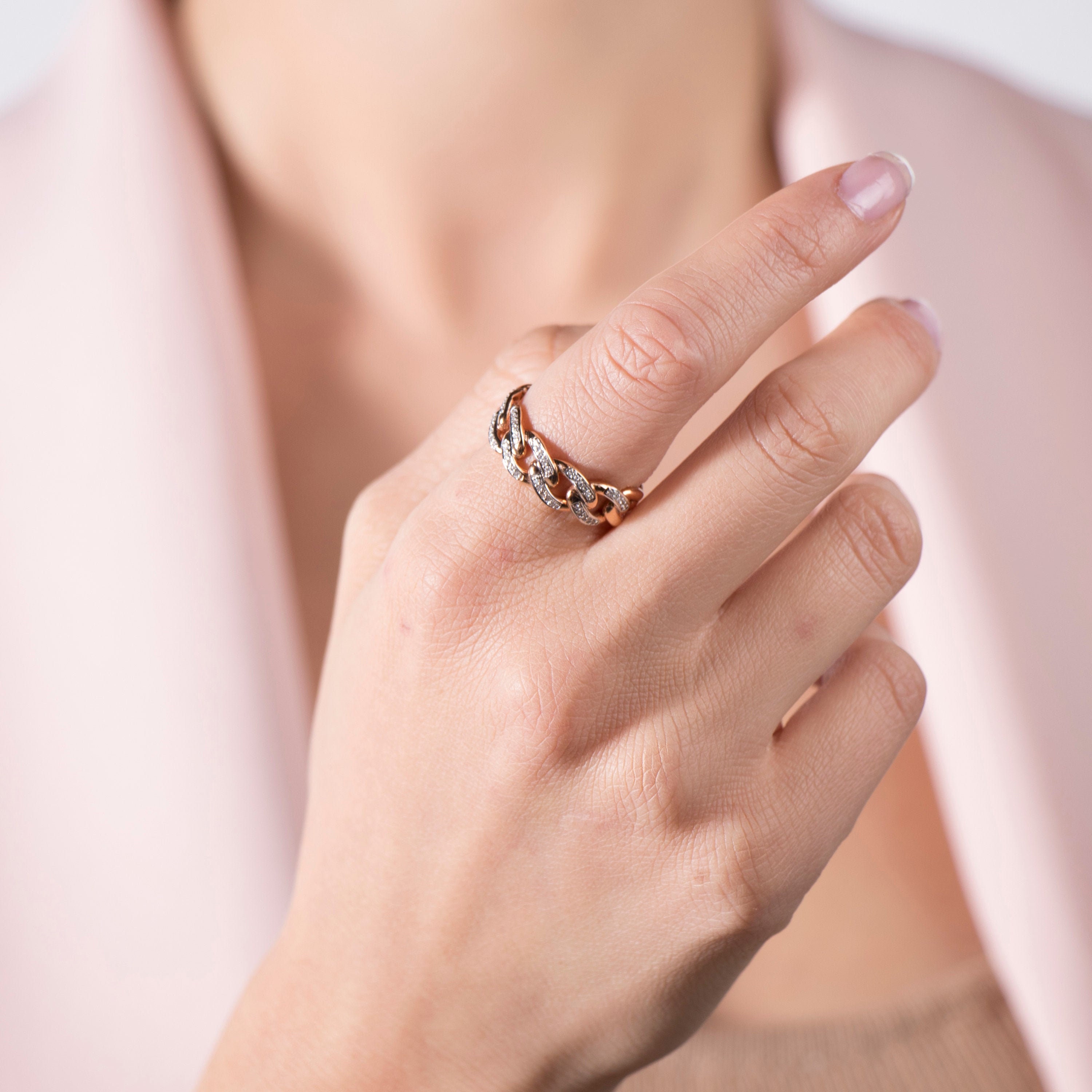 Diamond Link Ring / 14K Gold Diamond Chain Ring / 14K Solid Etsy