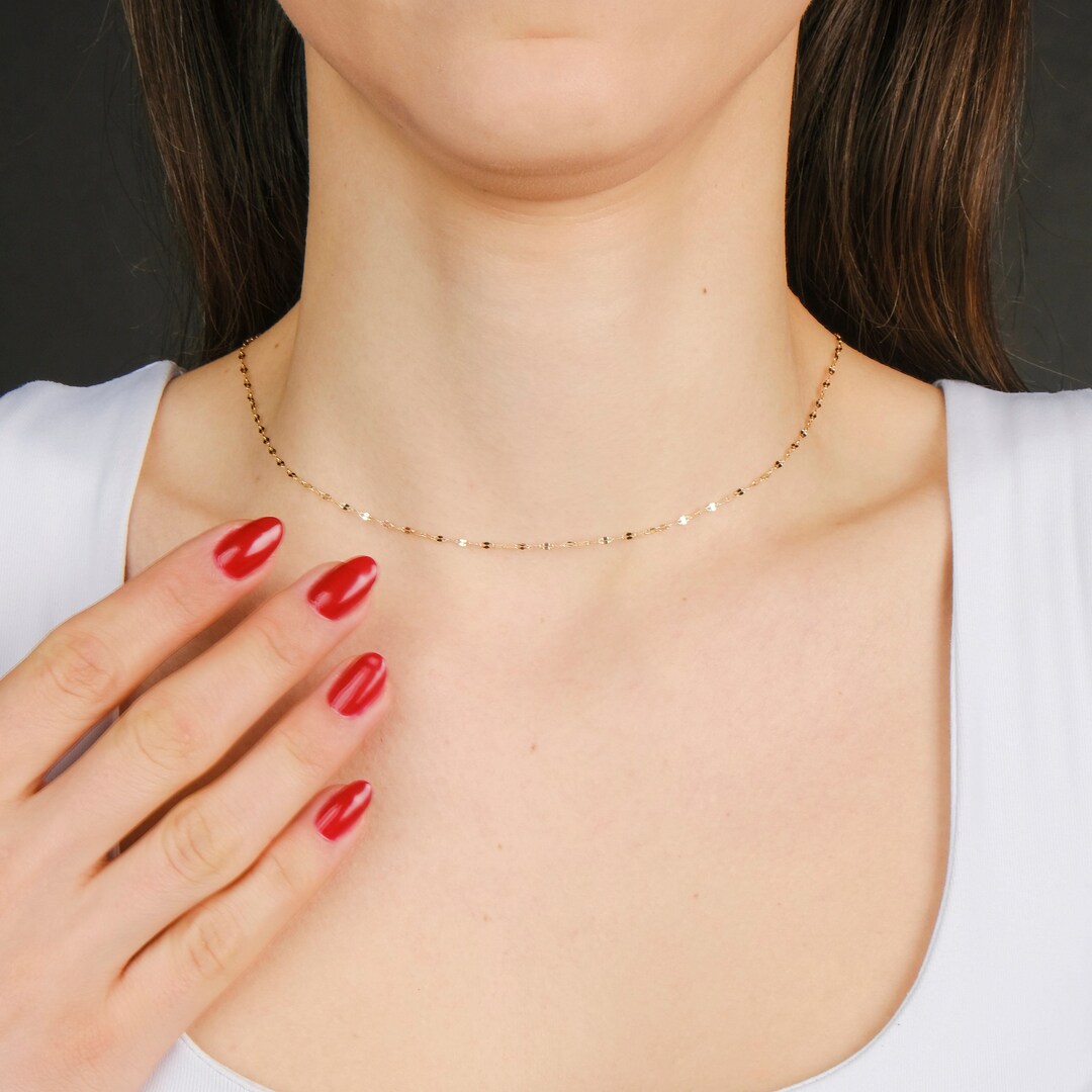 Thin Gold Chain Necklace / Real 14K Gold Chain / Mirror Chain / Sparkle
