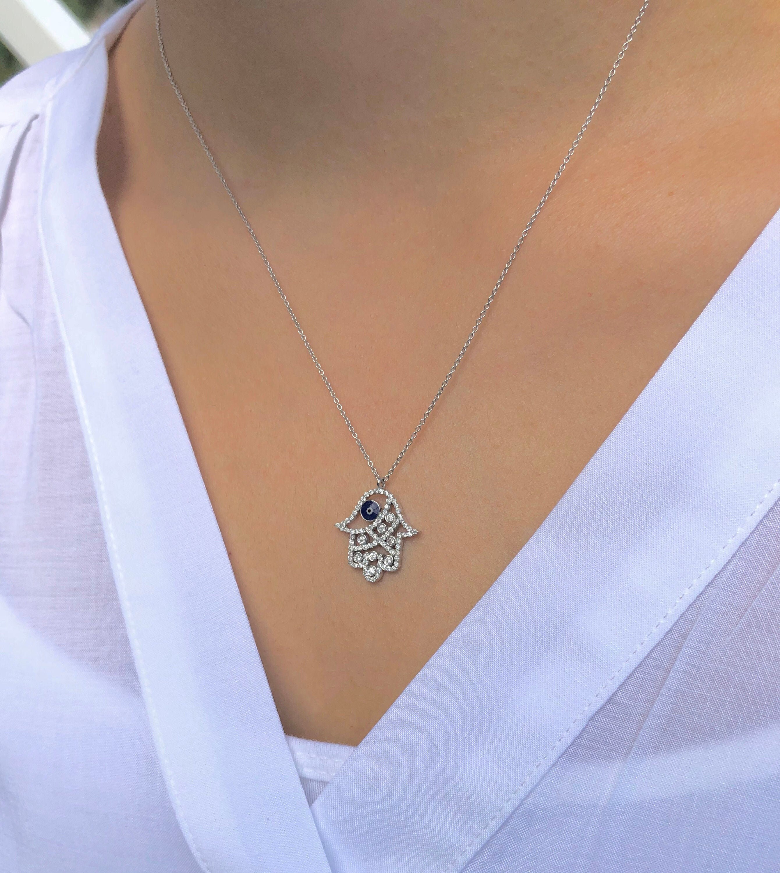 Diamond Hamsa and Evil Eye Necklace 14K 