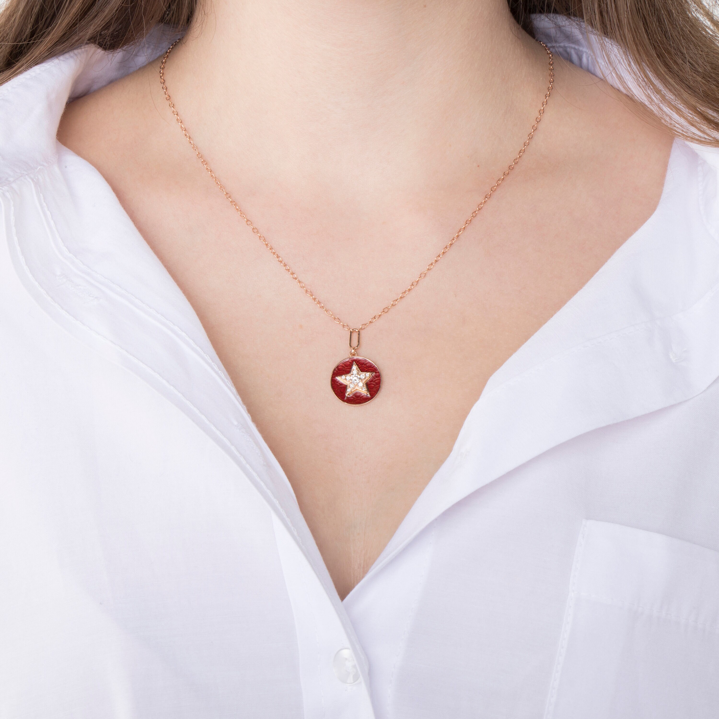 Red Enamel Diamond Star Necklace in 14K 