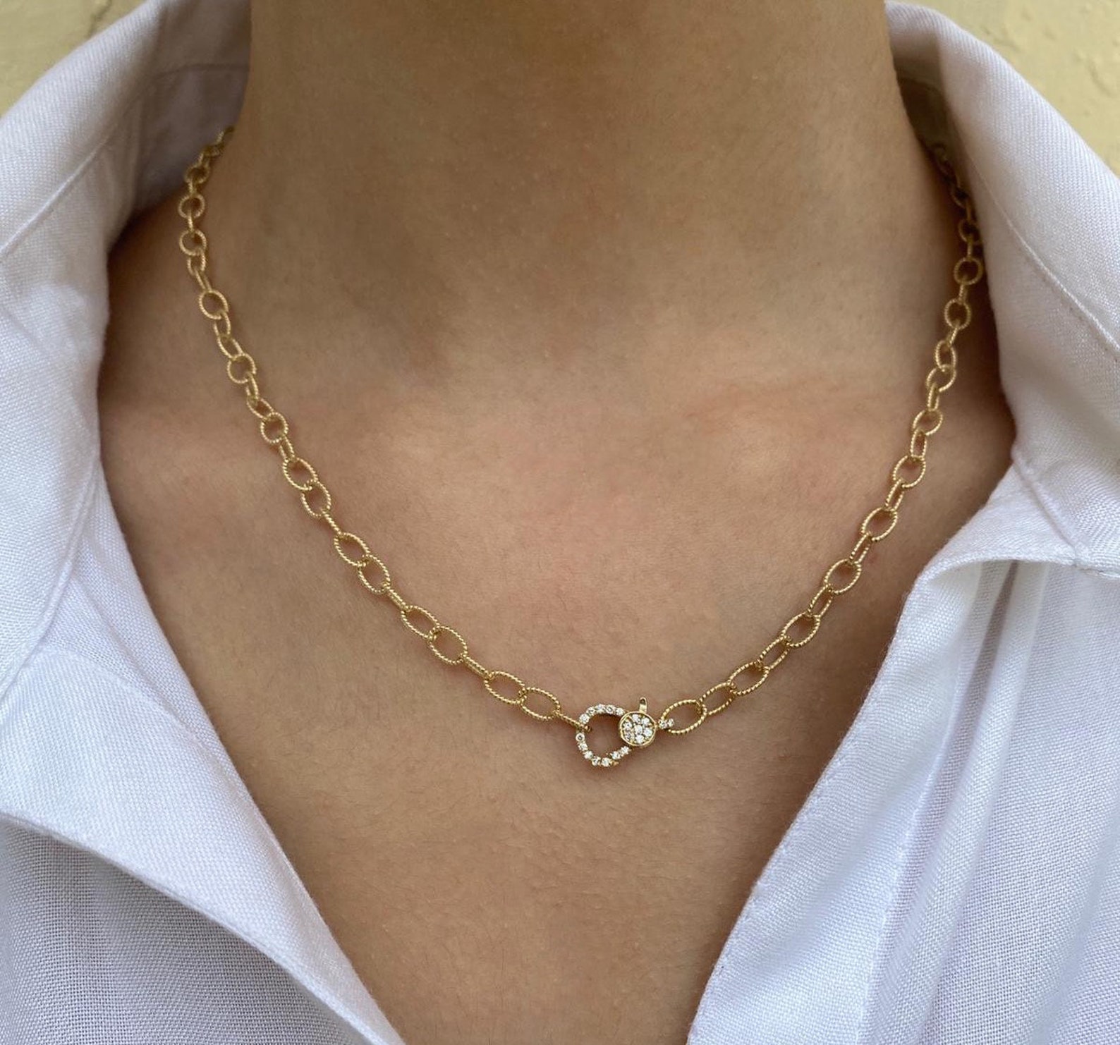 Diamond Lock Necklace / 14k Chain Necklace / Beaded Chain Lock Etsy