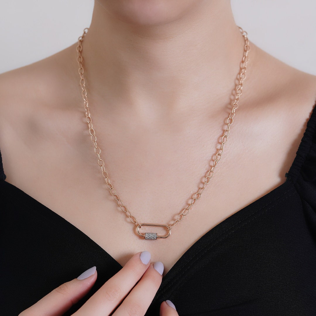 Diamond Lock Necklace / 14k Chain Necklace / Beaded Chain Lock Etsy