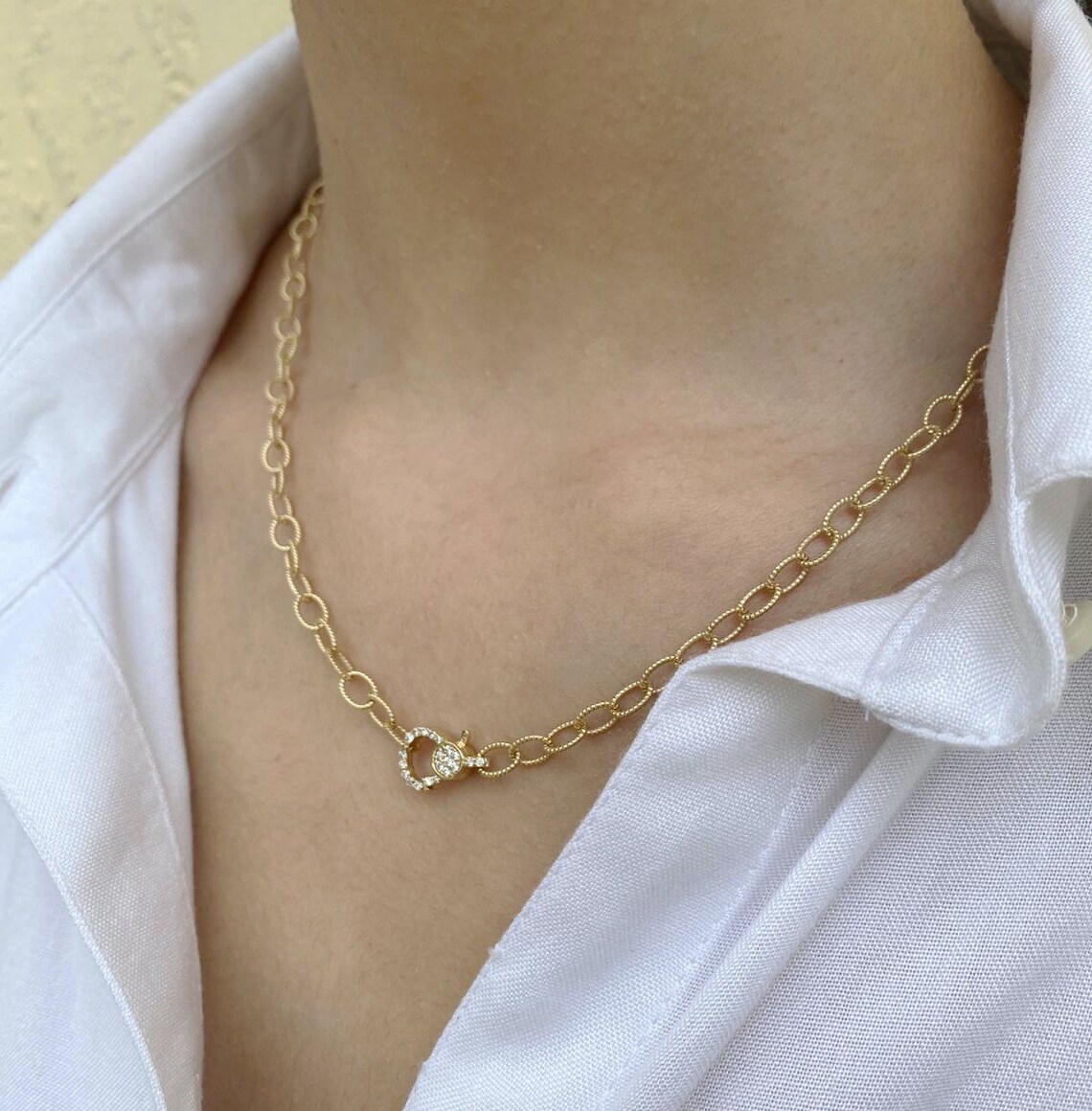 Diamond Lock Necklace / 14k Chain Necklace / Beaded Chain Lock Etsy