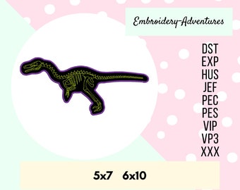 Velociraptor Dinosaur Skeleton Applique Machine Embroidery Design 5x7 and 6x10